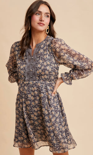 Leandra Midnight Daffodil Floral Lace Inset Mini Dress