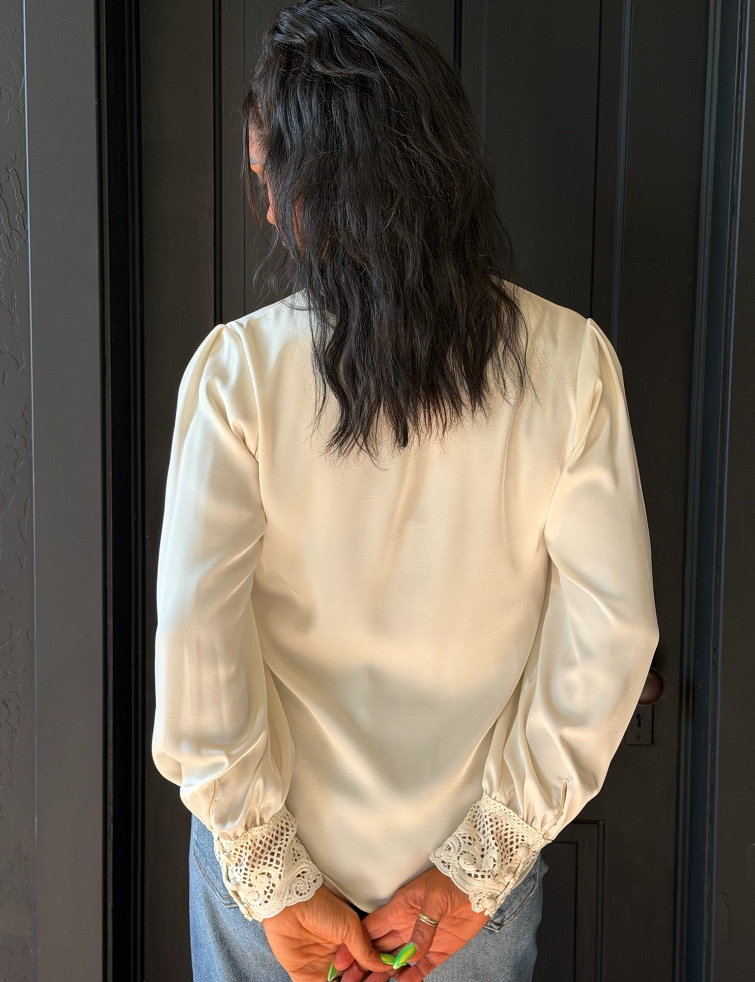 Saskia Ecru Split Neck Long Sleeve Blouse