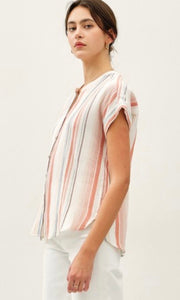 Glenroy Striped Gauzy Button Up Cap Sleeve Top