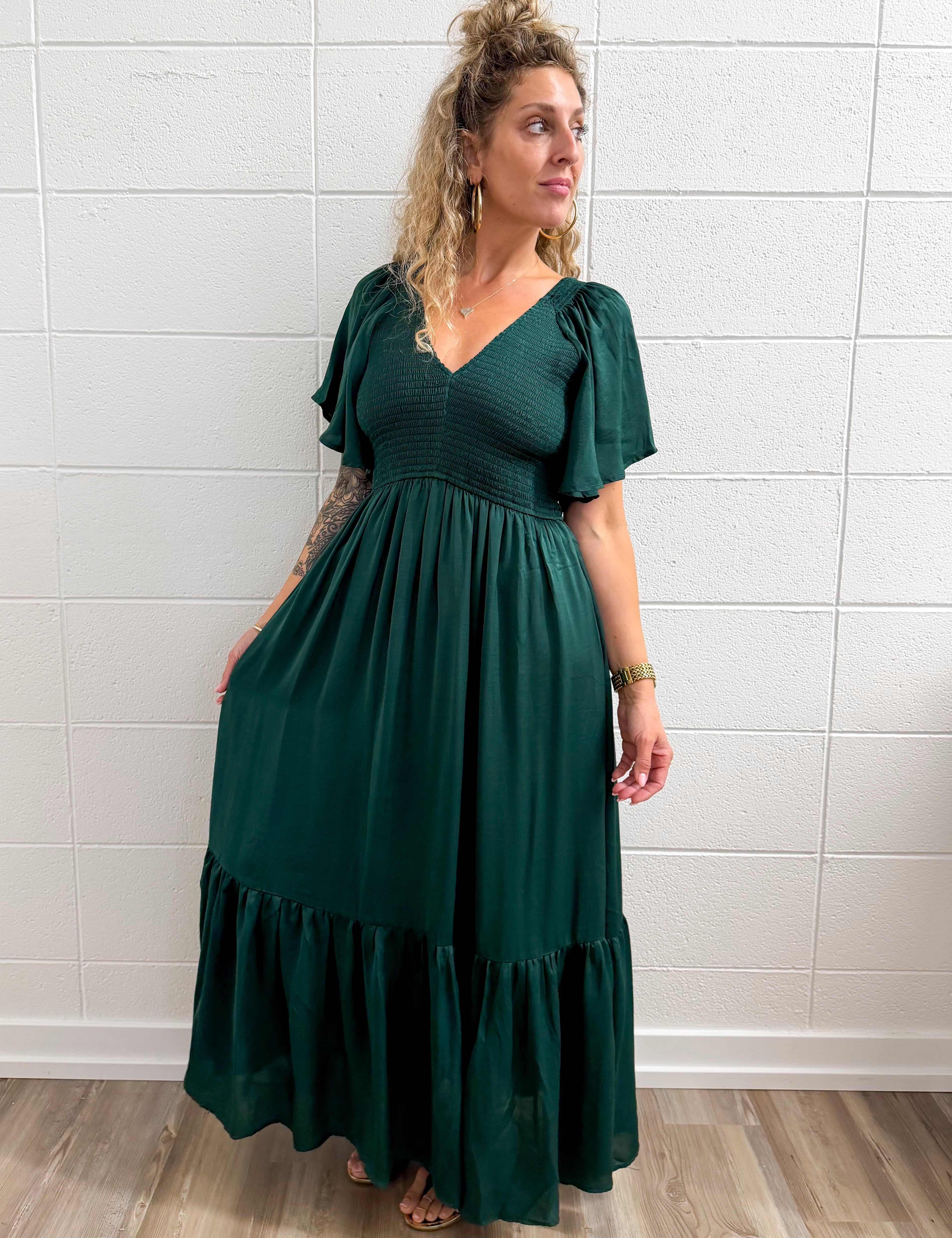 Flare Satin Empire Smocked Midi Dress
