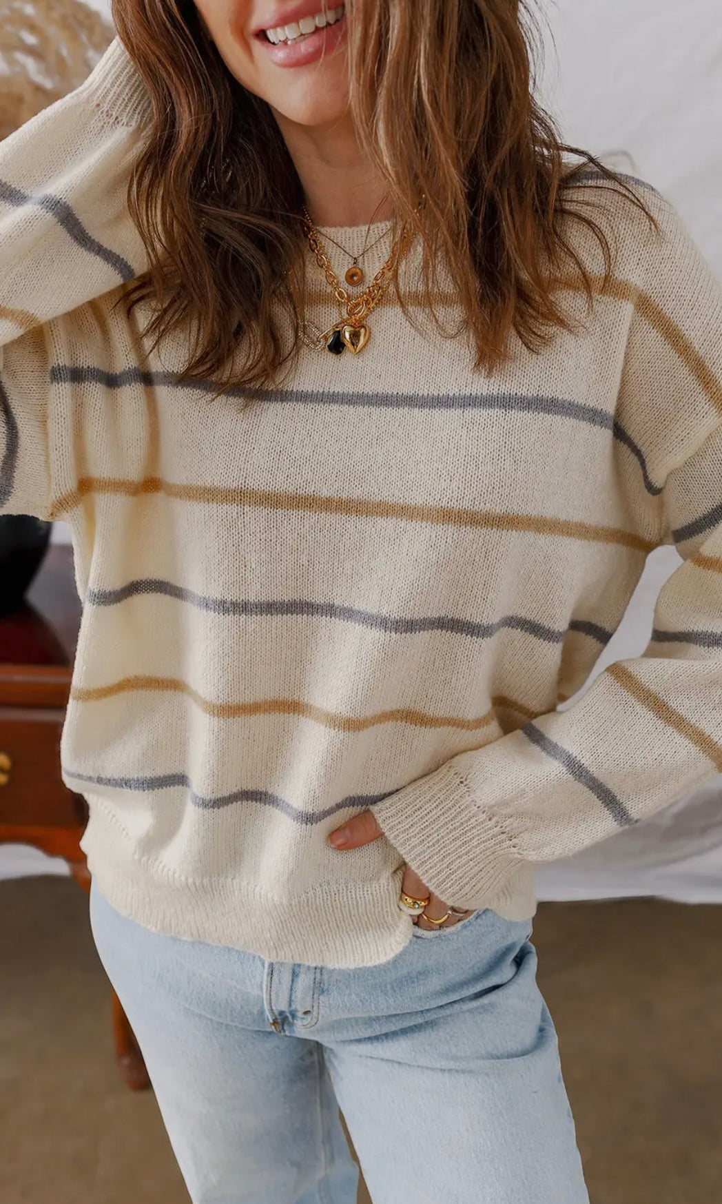 Reya Stripe Ribbed Trim Sweater