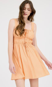 Gapo Front Tie Gathered Waist Sleeveless Mini Dress