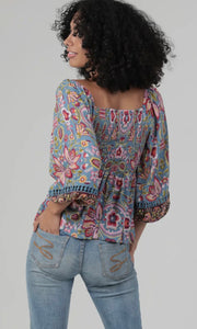 Palmer V Neck Lace Trim Printed Blouse