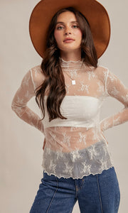 Megan White Mock Neck Lace Long Sleeve