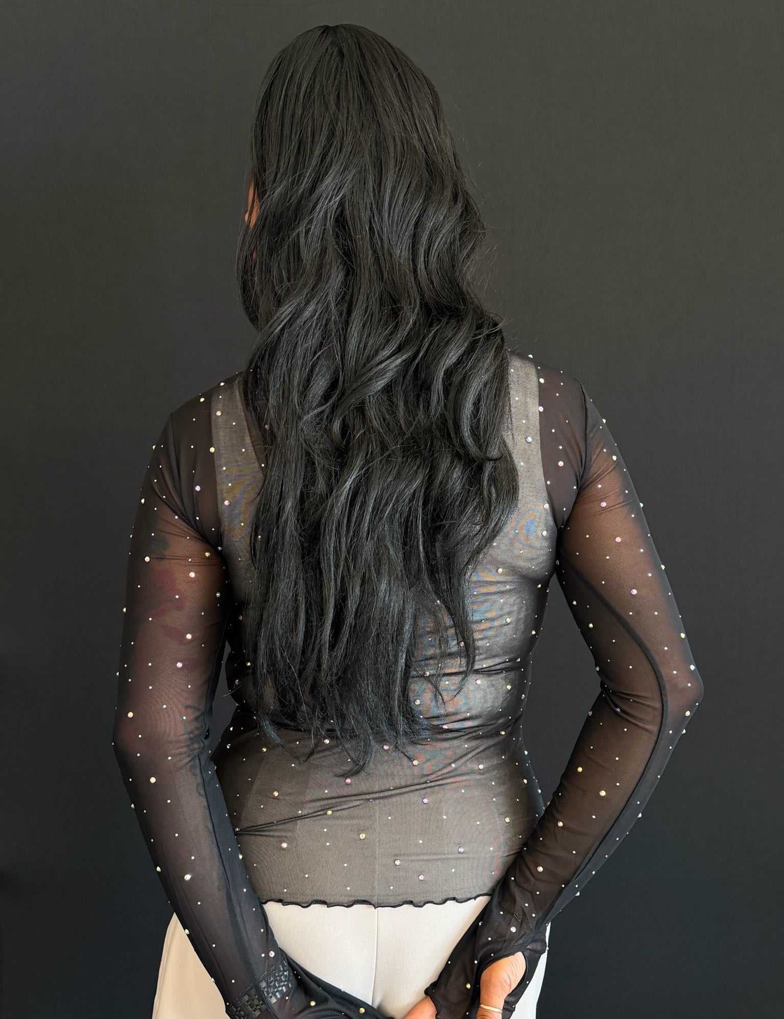 Kevin Rhinestud Embellished Mesh Long Sleeve Top