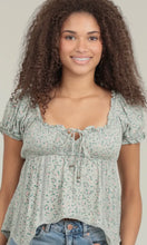 Aloka Mint Lace Trim Ditsy Print Blouse