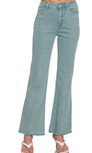 Acarie Teal Wide Leg Stretch Cotton Frayed Hem Pants