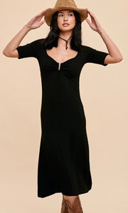 *SALE! Ajony - Black Notched Fitted Premium Knit Midi Dress