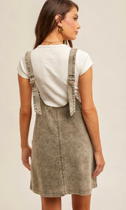 Avanda Olive Snow-Washed Overall Pocket Dress