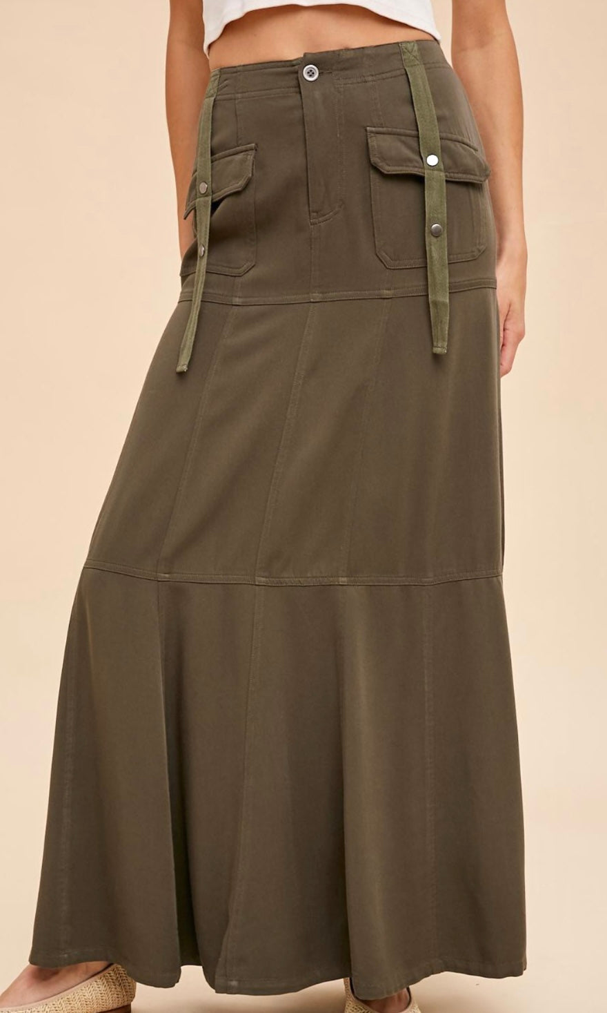 *SALE! Andy - Olive Tencel Utility Cotton Maxi Skirt