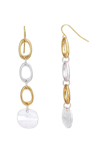Two Tone Hammered Gold & Silver Linked Disc Drop Earrings