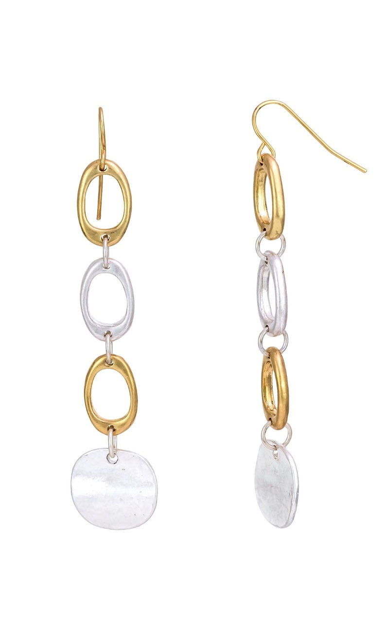 Earring Two Tone Hammered Gold & Silver Linked Disc Drop Earrings