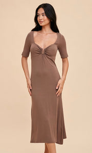 *SALE! Ajony - Coconut  Brown Notched Fitted Premium Knit Midi Dress