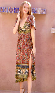 Afyth Clay Floral Border Print Front Slit Midi Dress