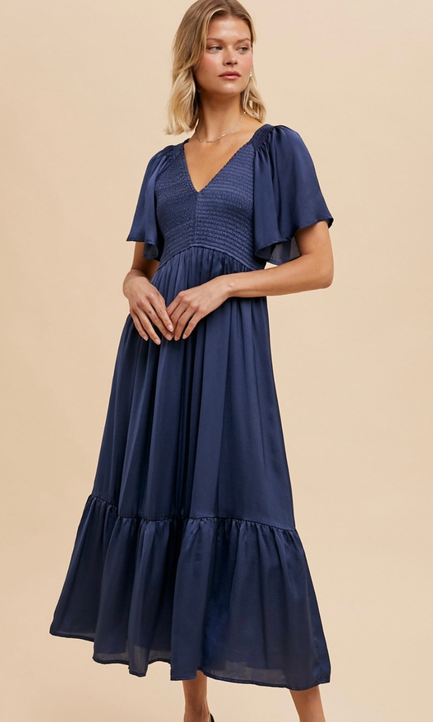 Artiste Elemental Blue Washed Satin Empire Smocked Midi Dress