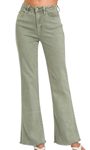 Acarie Washed Olive Wide Leg Stretch Cotton Frayed Hem Pants