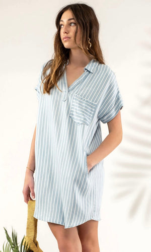 Abila Chambray Striped Side Pocket Shirt Dress