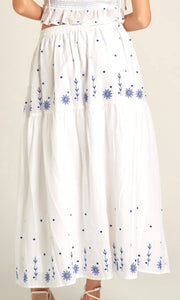Acarna Blue  Embroidered Elastic Waist Midi Skirt