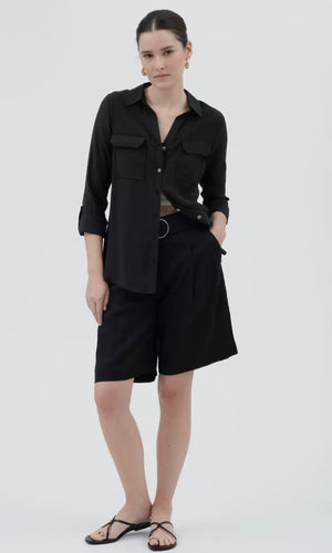 Laurel Black Collared Button Down Tab Sleeve Pocket Detail Shirt