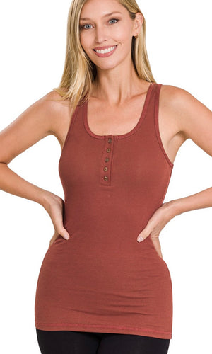 Alona Rust Soft Ribbed Cotton Knit Henley Tank Top