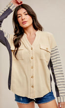 Atahny Cream / Grey Stripe Contrast Thermal Knit Shacket Jacket Top