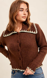 *SALE! Alira - Dark Brown Contrast Stitch Button Front Cardigan Sweater