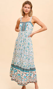Ajena - Vintage Teal Border Print Tiered Maxi Dress
