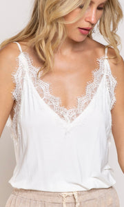 Aazmin Ivory Lace Trim Luxe Knit  Cami Tank Top