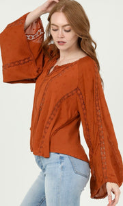 *SALE! Azora - Caramel Rust Lace Inset Texture Shirt Blouse
