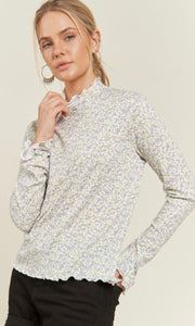 Caprisa White Floral Print Mock Neck Long Sleeve Top