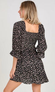 Anray Black Boho Floral Smocked Print Dress