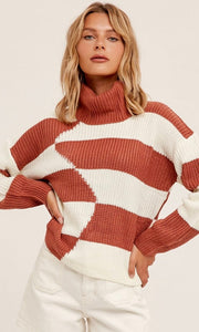 *SALE! Agreo - Rust & Cream Colorblock Turtle Neck Sweater Top