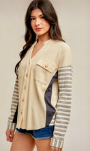 Atahny Cream / Grey Stripe Contrast Thermal Knit Shacket Jacket Top