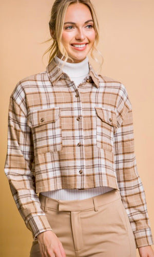 Abonea Khaki Plaid Button Front Cropped Shirt Jacket