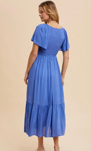 Artiste Indigo Washed Satin Empire Smocked Midi Dress