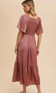 Artiste Dark Mauve Washed Satin Empire Smocked Midi Dress