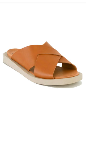 VINCE Tan Criss Cross Woven Slide Sandal Shoe