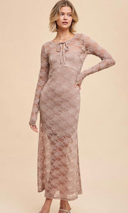 Abram Mushroom Taupe Allover Lace Slip Insert 2-Piece Maxi Dress