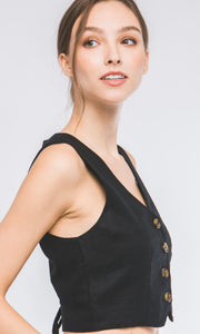 Asura Black Lace-Up Back Linen Vest Top