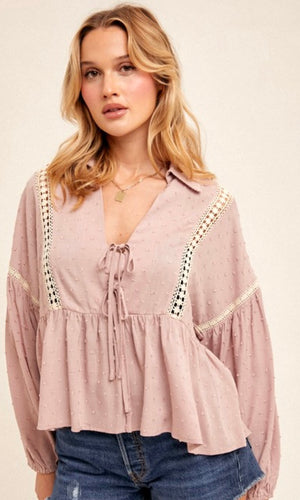 Aloisa Mauve Lace Inset Babydoll Shirt Top