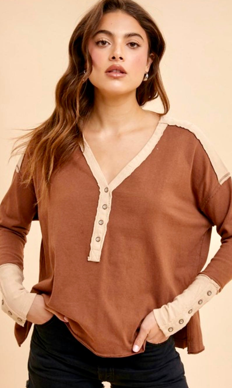 Alan Mocha Washed Cotton Button Cuff Knit Top