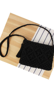 Becks Black Woven Bohemian Crochet Tassel Crossbody Bag