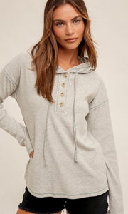 Anexa Heather Grey Plaid Contrast Texture Hoodie Knit Top