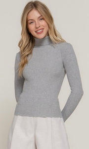 Cambria Grey Turtle Neck Fitted Rib Knit Sweater Top