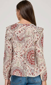 Millie Cream and Burgundy 3/4 Ruffle Sleeve Blouse