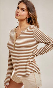 Aspian Snow-Washed Taupe Stripe Henley Knit Top