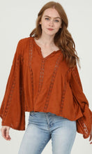 *SALE! Azora - Caramel Rust Lace Inset Texture Shirt Blouse