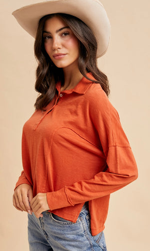 Oaklyn Rust Garment Washed Long Sleeve Polo Top