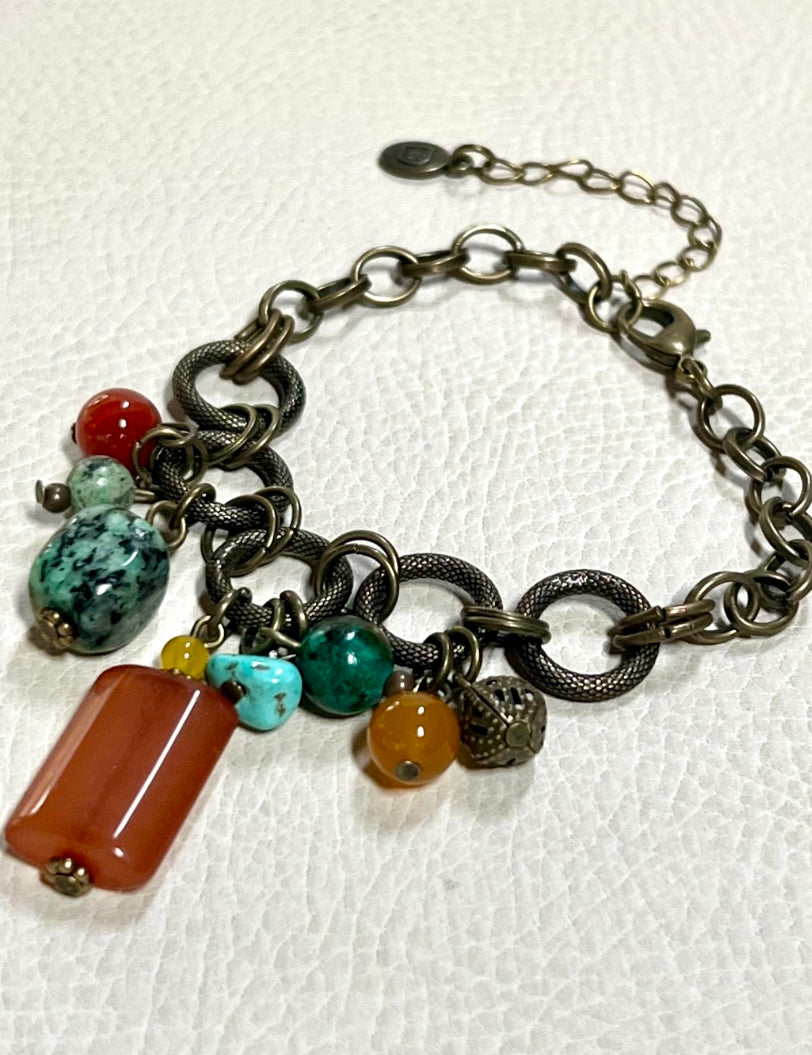 Marin Stone & Bead Charm Bronze Chain Link Bracelet