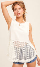 Atanis White Crochet Contrast Flyaway Hem Tank Top Shirt